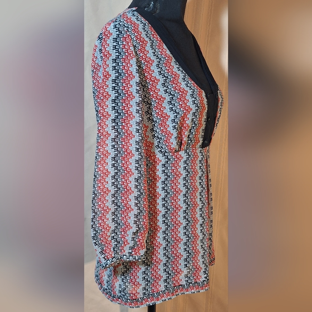 WORTHINGTON Black, Gray White, and Red Patterned Blouse - Picture 2 of 6